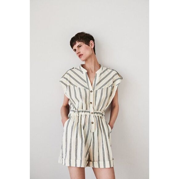 NWT ivory blue stripe cotton Rustic cap sleeve boxy button down romper playsuit - Picture 1 of 6